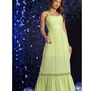 Vestido Longo em Viscolinho com Prega na Cintura