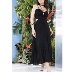 Vestido de Alça em Musseline com Saia Plissada